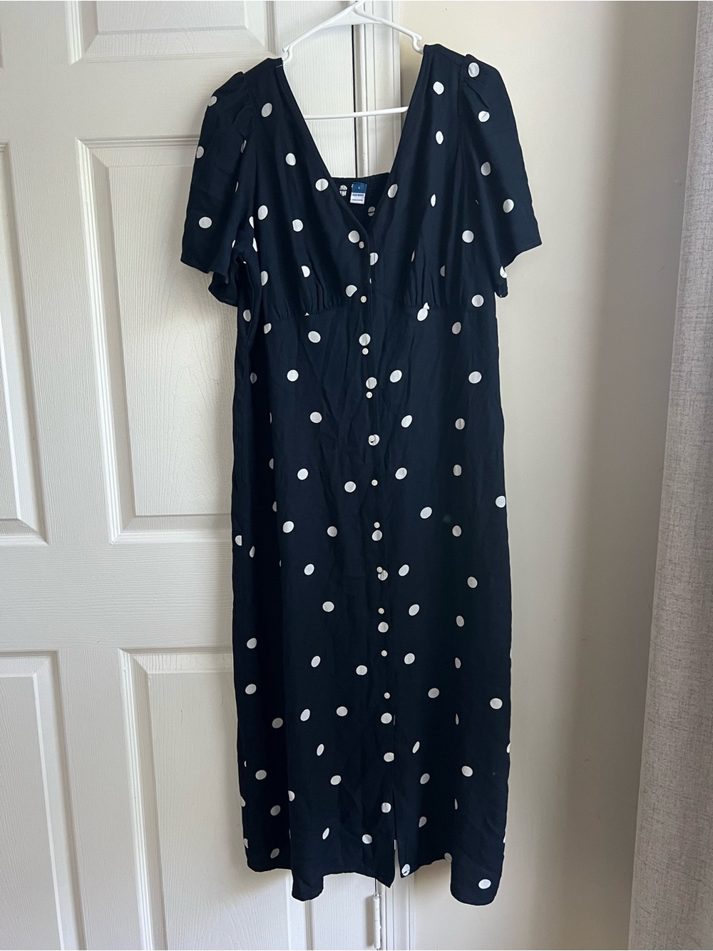 Old Navy Blue White Polka Dots Button Down V-Neck Short Sleeve Midi Dress Large